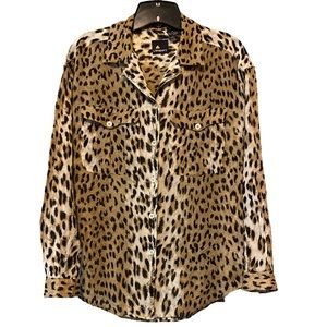 Lizsport Cheetah Print Button Down Cotton Blouse Size Medium